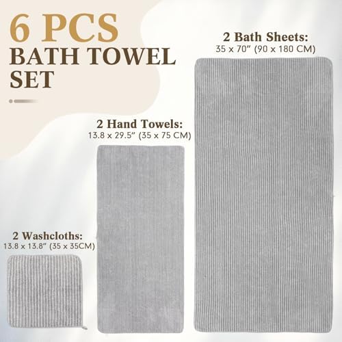 6 Pcs Oversized Bath Towels for Adults 35x70 Inches Gray & White