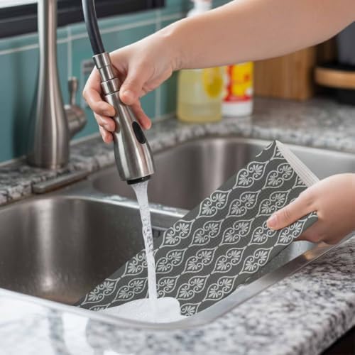 Grey Boho Placemats Set of 6, Washable PVC Kitchen Table Mats Place