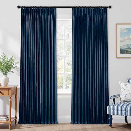 Mrs.Naturall Navy Blue Pinch Pleated Linen Blackout Curtains 84 Inch