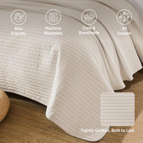 Andency 100% Cotton Queen Beige Quilt 3 Piece, Striped Quilted Bedding