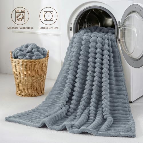 Taliska Ribbed Fleece Throw Blanket for Bed, Grey, 90"x90"