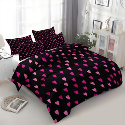 California King Duvet Cover Set Cute Pink Heart Pattern Soft