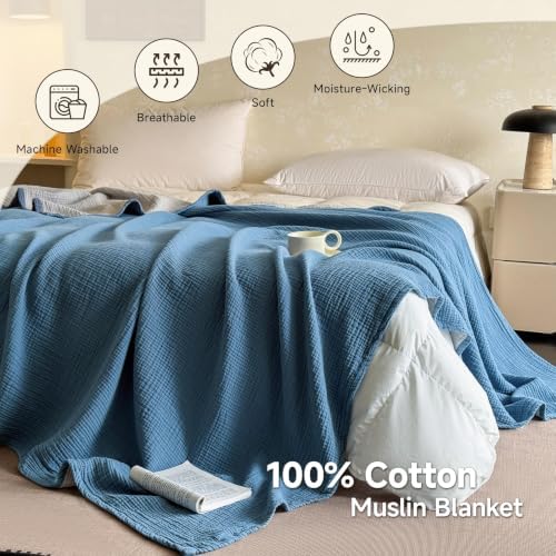 Simple&Opulence 100% Cotton Muslin Blanket Queen Size, Lightweight