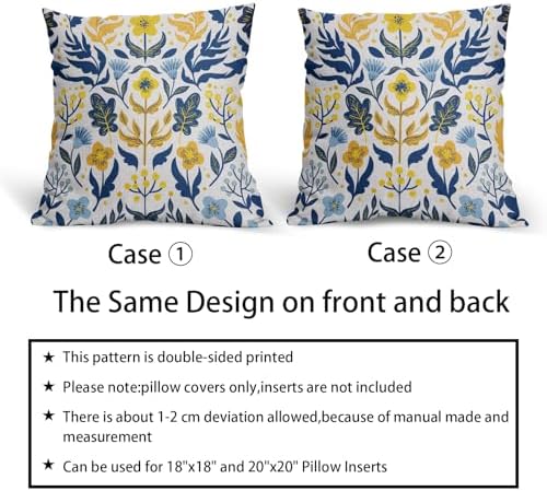 Blue Yellow Teal Floral Pillow Covers 22x22 Set of 2 Flower Flower