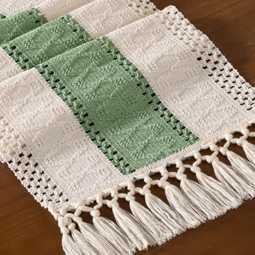 DeZerlor Ivory&Sage Green Boho Macrame Farmhouse Woven Table Runner