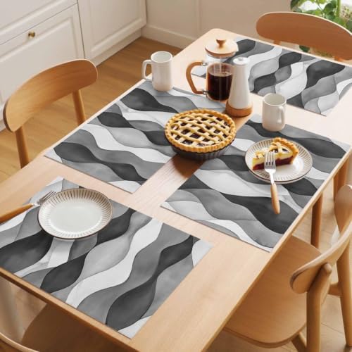 Gray Ripple Placemats Set of 6 Abstract Gradient 13x19 Inch Washable