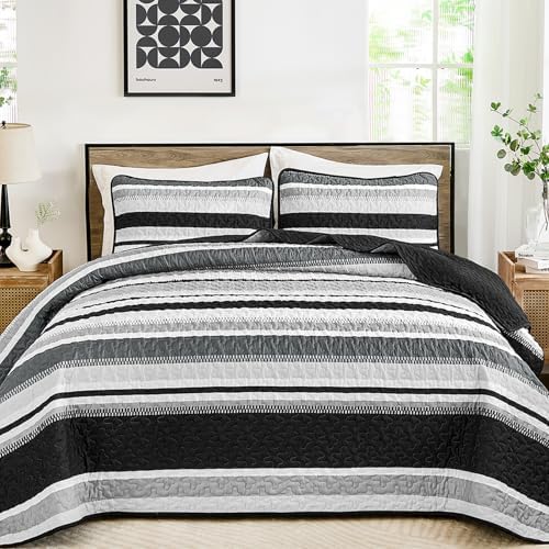 WONGS BEDDING Striped Quilts King Size Set, Black Lightweight