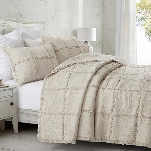 HORIMOTE HOME 100% Cotton Ruffle Quilt Set King Size, Beige Farmhouse