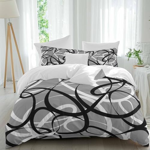 Grey Geometric Duvet Cover Set Queen Size,Retro Black White Abstract