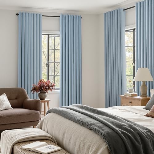 Jowels Blue Linen Grommet Blackout Curtains 108 Inches Long for