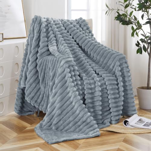 Taliska Ribbed Fleece Throw Blanket for Bed, Grey, 90"x90"