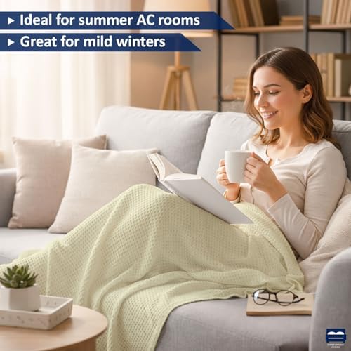Cottingon 100% Cotton Queen Waffle Weave Blanket - Cooling Lightweight