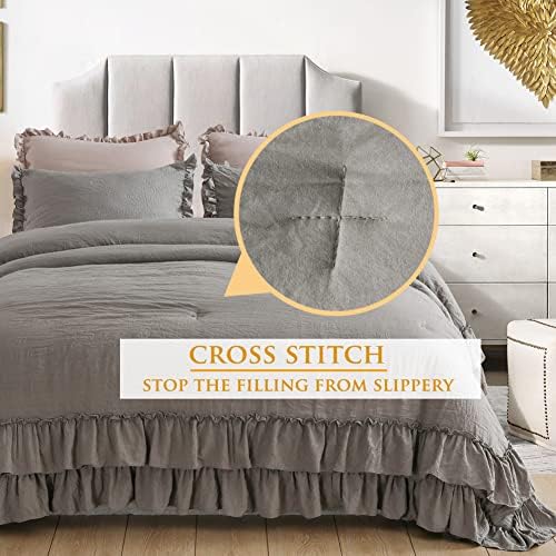 Masaca Gray Ruffled Comforter Set King,Farmhouse Shabby Boho Chic