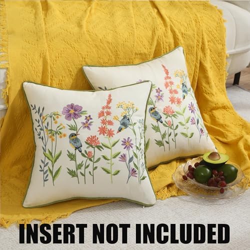 Embroidered Throw Pillow Covers 20x20 Pack of 2 Birds and Flowers