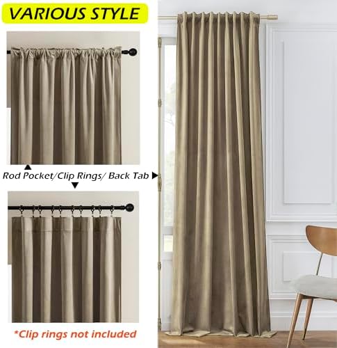 Timeper Taupe Blackout Back Tab Velvet Curtains 52x84 inches 2Pcs