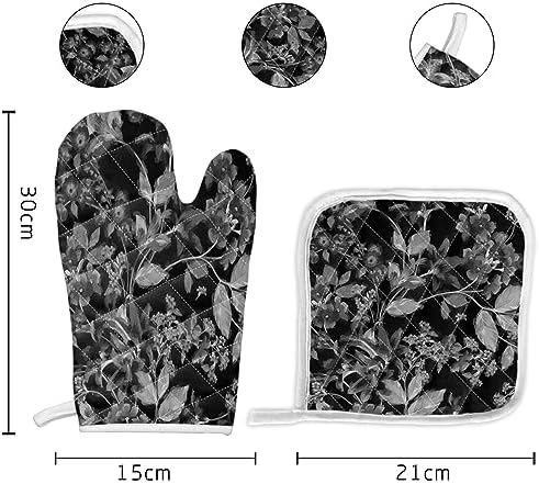 Quilted Cotton Terry Cloth Oven Mitt, Pot Holder Grey Floral Leaves