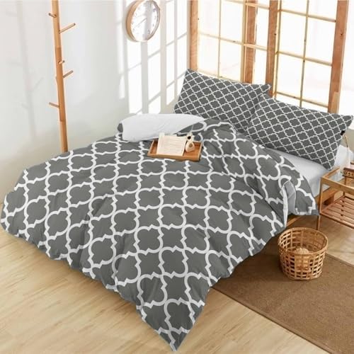 Duvet Cover Set Queen, Gray Modern Trellis 3 Piece Bedding Set