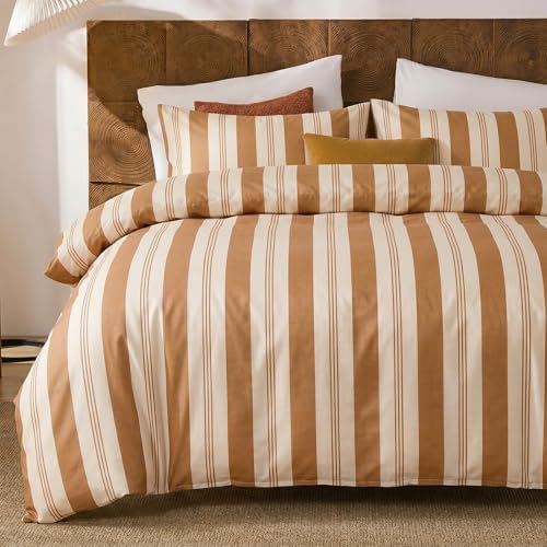 Merryword Khaki Striped Duvet Cover Set King Size, 100% Cotton Bedding