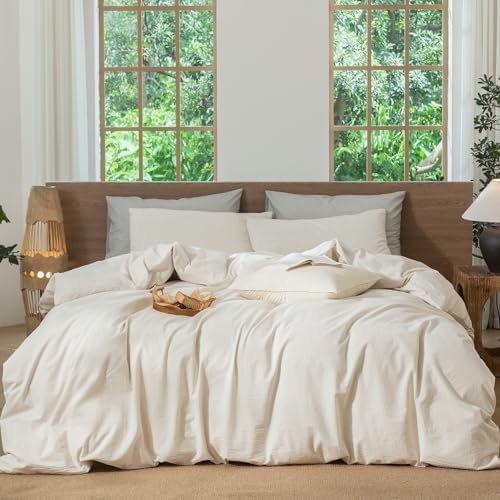 MooMee Striped Duvet Cover Set 100% Washed Cotton Linen Like King