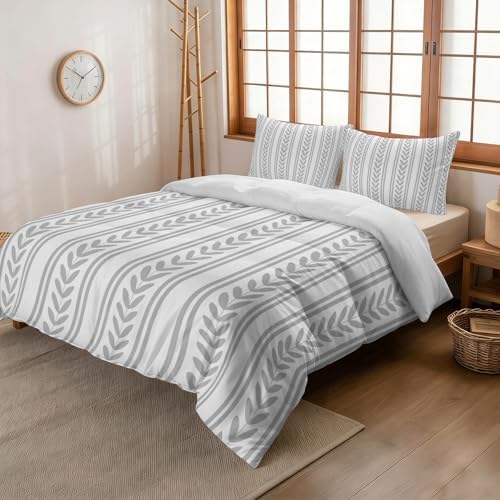 3 Pieces Bedding Set King Size, Grey Botanical Soft Duvet Covers Set
