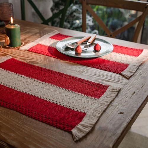 Set of 4 Placemats Woven Striped Tassels Cotton and Linen for Kitchen