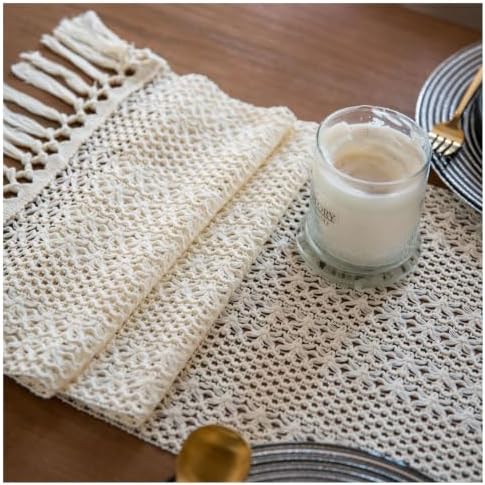 Table Runner Tassel Cotton Linen Pattern Bohemian Beige B 12*108 in