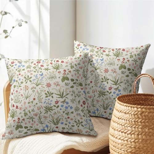 Vitage Floral Pillow Covers 18x18 Set of 2 Spring Green Red Cream