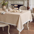 Moukeren 52 x 70 Inch Taupe and White Gingham Tablecloth with Lace