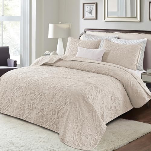 Exclusivo Mezcla 3 Piece King Size Quilt Bedding Set, Beige Cream