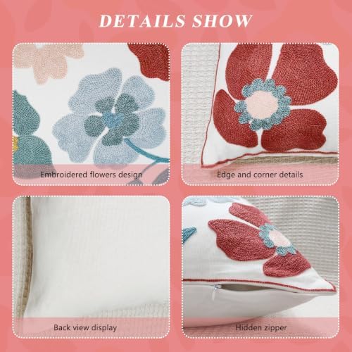 2 Pack Embroidered Floral Vintage Throw Pillow Covers Farmhouse Red