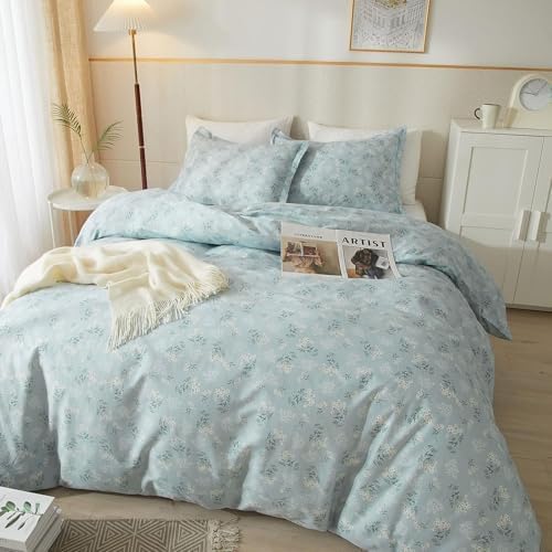 Blue Grey Flower Duvet Cover Set 100% Cotton Queen(90"x90"),White