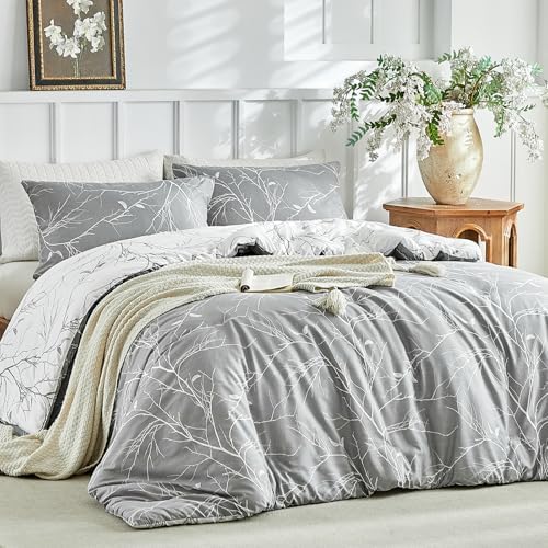 Lekesky Reversible Duvet Cover King Size, Grey White Branch Comforter