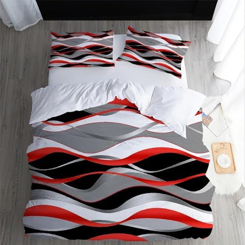 Geometric Stripe Duvet Cover Set King, 3 Pieces Black Gray Red Waves