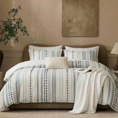 100% Cotton Duvet Cover Queen Size – Gray Yellow Striped Bedding Set
