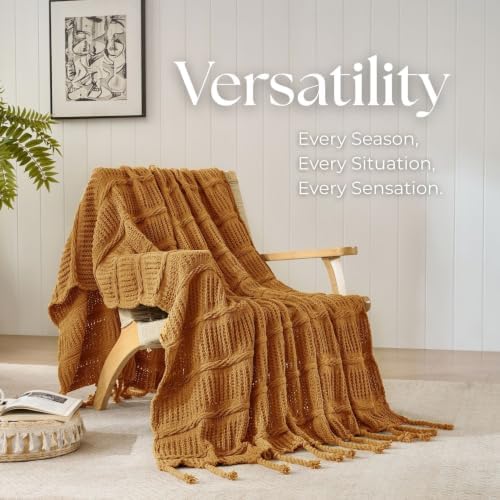 Boho Knitted Chenille Blanket with Tassels - Lightweight & Soft