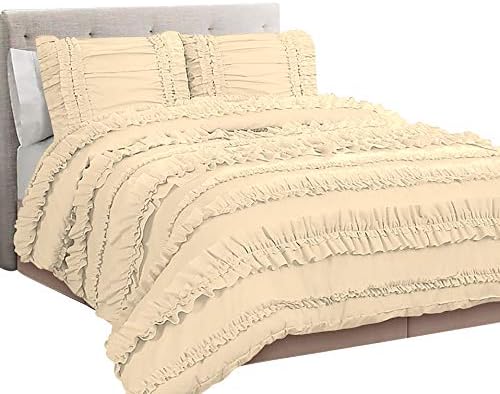 3 Piece Full Ruffles Layers Duvet Cover Set with Zipper Closure, 100%