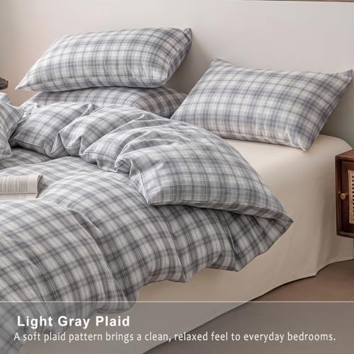 Plaid Duvet Cover Set Queen Size, 100% Cotton Duvet Cover Set, Gray