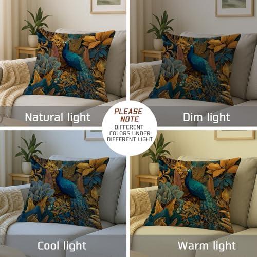 Elegant Peacock Throw Pillow Covers Set of 2, Teal and Gold Tropical