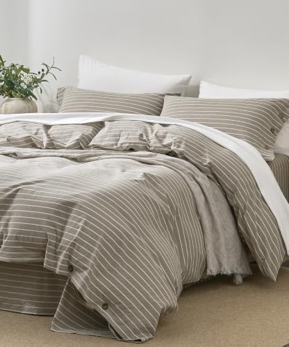JELLYMONI 100% Washed Cotton Beige Striped Duvet Cover Set Cal King