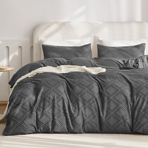 JELLYMONI Dark Grey Grid Tufted Duvet Cover Set Full Size