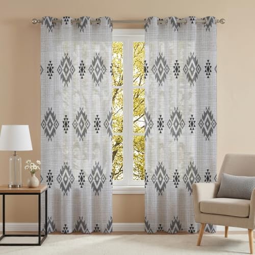 Grey Boho Sheer Curtains 63 Inch Length 2 Panels Set Western Ethnic