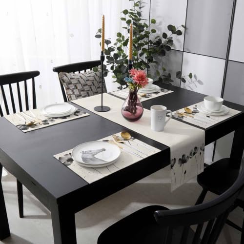 Ink Flowers Table Runner and Placemats Set of 6 Linen Texture Cotton