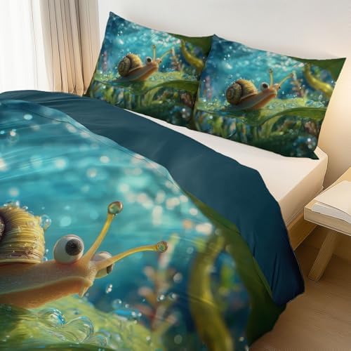 Duvet Cover Set King, 3pc Reversible Nature Animals Snails Printed