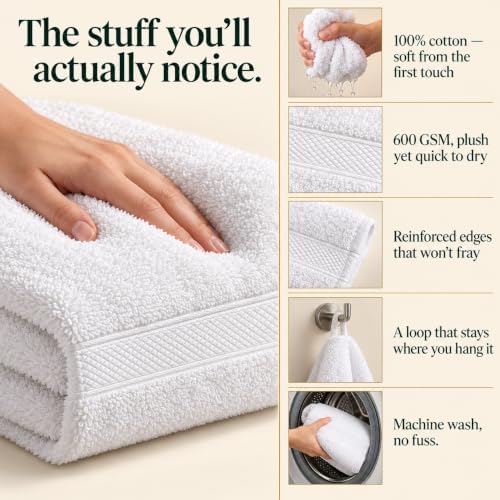 100% Cotton Hand Towels for Bathroom, Set of 6 (16"x27") - White