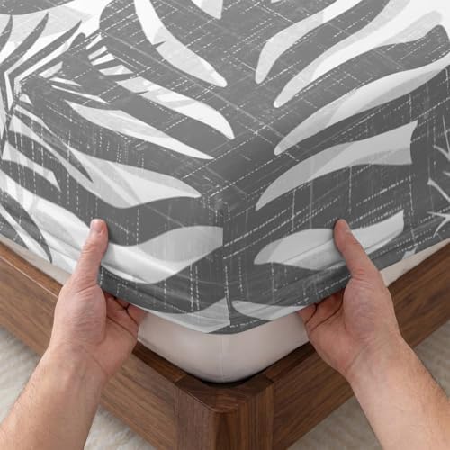 Twin XL Sheet Set Grey Palm Leaves Bed Sheets Set with 16 Inch Deep