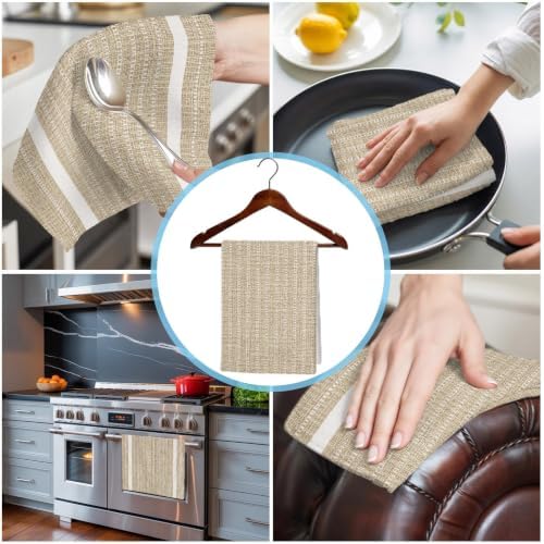 Beige Striped Kitchen Towels Set of 3, Water Absorbent Dish Towel