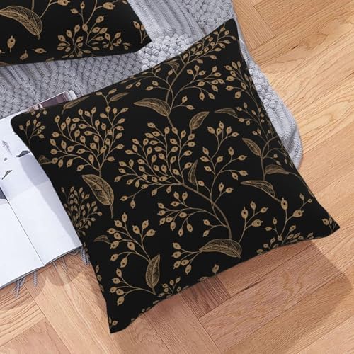 Boho Flowers Throw Pillow Covers Black Gold Floral Leaves Square