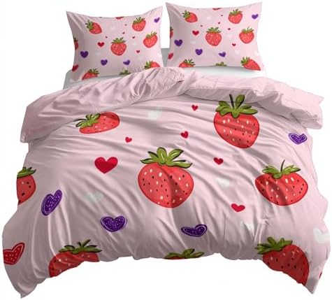 King Duvet Cover Set Fruit Strawberry Heart Pattern Bedding with