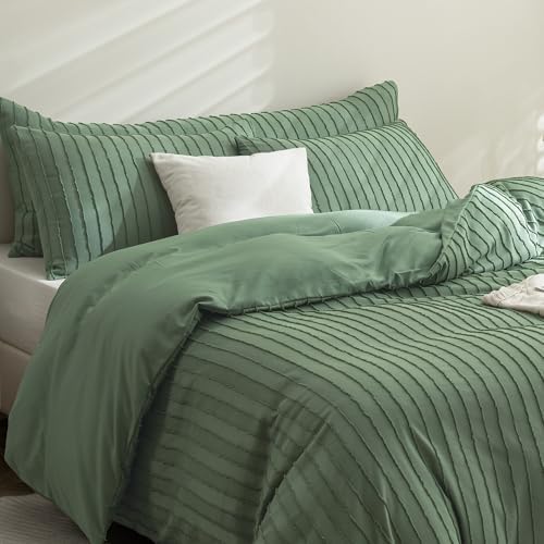 JELLYMONI Green Striped Tufted Duvet Cover Set California King Size