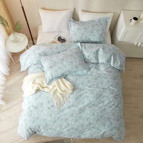 Blue Grey Flower Duvet Cover Set 100% Cotton Queen(90"x90"),White